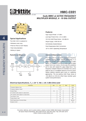 HMC-C031 datasheet - GaAs MMIC x2 ACTIVE FREQUENCY MULTIPLIER MODULE, 6 - 10 GHz OUTPUT