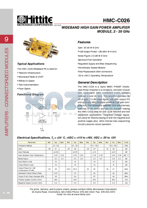 HMC-C026 datasheet - WIDEBAND HIGH GAIN POWER AMPLIFIER MODULE, 2 - 20 GHz