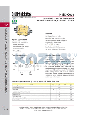 HMC-C031_V01 datasheet - GaAs MMIC x2 ACTIVE FREQUENCY MULTIPLIER MODULE, 6 - 10 GHz OUTPUT