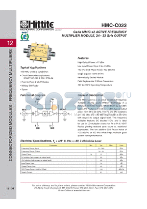 HMC-C033_1 datasheet - GaAs MMIC x2 ACTIVE FREQUENCY MULTIPLIER MODULE, 24 - 33 GHz OUTPUT