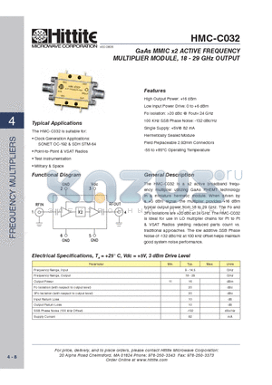 HMC-C032 datasheet - GaAs MMIC x2 ACTIVE FREQUENCY MULTIPLIER MODULE, 18 - 29 GHz OUTPUT