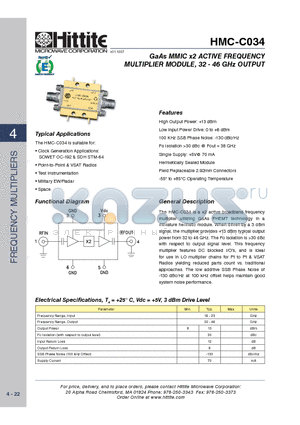 HMC-C034 datasheet - GaAs MMIC x2 ACTIVE FREQUENCY MULTIPLIER MODULE, 32 - 46 GHz OUTPUT