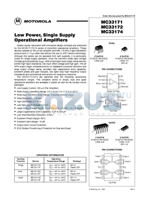 MC33171D datasheet - Low Power, Single Supply Operational Amplifiers