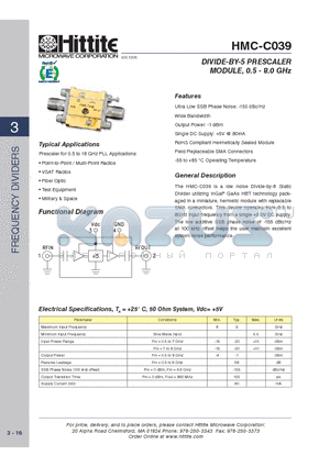 HMC-C039 datasheet - DIVIDE-BY-5 PRESCALER MODULE, 0.5 - 8.0 GHz