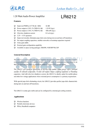 LR6212 datasheet - 1.28 Watt Audio Power Amplifier Ultra low shutdown current