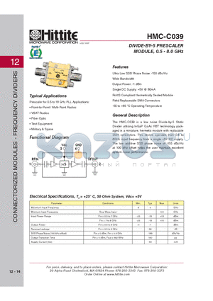 HMC-C039_07 datasheet - DIVIDE-BY-5 PRESCALER MODULE, 0.5 - 8.0 GHz