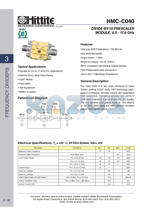 HMC-C040 datasheet - DIVIDE-BY-10 PRESCALER MODULE, 0.5 - 17.0 GHz