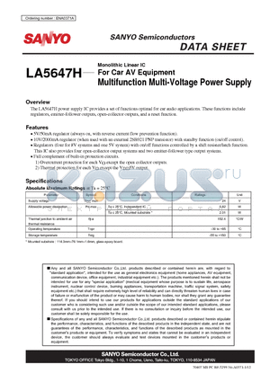 LA5647H datasheet - Monolithic Linear IC For Car AV Equipment Multifunction Multi-Voltage Power Supply