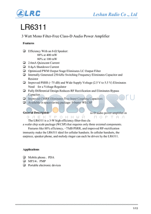 LR6311 datasheet - 3 Watt Mono Filter-Free Class-D Audio Power Amplifier