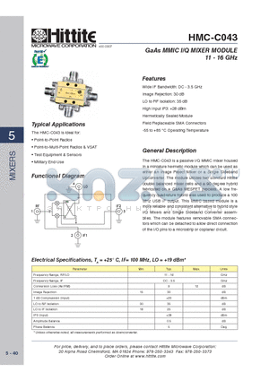 HMC-C043 datasheet - GaAs MMIC I/Q MIXER MODULE 11 - 16 GHz