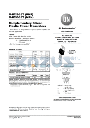 MJE2955TG datasheet - Complementary Silicon Plastic Power Transistors