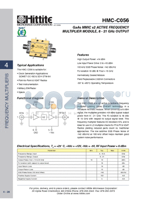 HMC-C056 datasheet - GaAs MMIC x2 ACTIVE FREQUENCY MULTIPLIER MODULE, 8 - 21 GHz OUTPUT