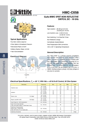 HMC-C058 datasheet - GaAs MMIC SPDT NON-REFLECTIVE SWITCH, DC - 18 GHz