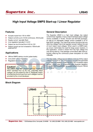 LR645 datasheet - High Input Voltage SMPS Start-up / Linear Regulator