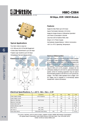 HMC-C064 datasheet - 50 Gbps, XOR / XNOR Module