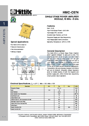 HMC-C074 datasheet - Single Stage Power Amplifier MODULE , 10 MHz - 6 GHz