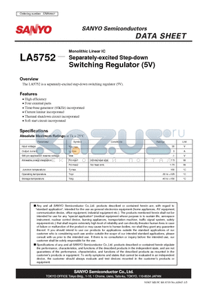 LA5752 datasheet - Monolithic Linear IC Separately-excited Step-down Switching Regulator (5V)