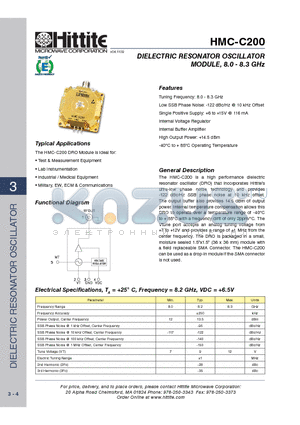 HMC-C200 datasheet - DIELECTRIC RESONATOR OSCILLATOR MODULE, 8.0 - 8.3 GHz