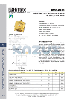 HMC-C200_4 datasheet - DIELECTRIC RESONATOR OSCILLATOR MODULE, 8.0 - 8.3 GHz