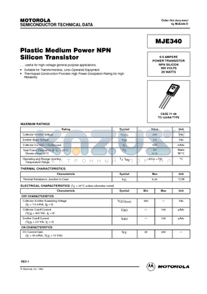 MJE340 datasheet - 0.5 AMPERE POWER TRANSISTOR NPN SILICON 300 VOLTS 20 WATTS
