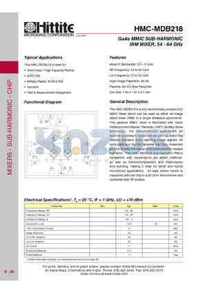 HMC-MDB218 datasheet - GaAs MMIC SUB-HARMONIC IRM MIXER, 54 - 64 GHz
