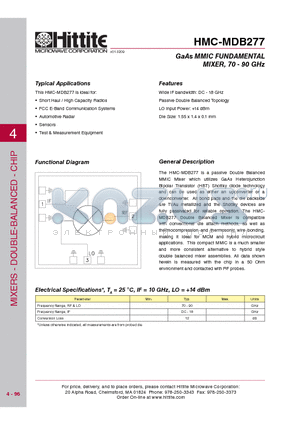 HMC-MDB277 datasheet - GaAs MMIC FUNDAMENTAL MIXER, 70 - 90 GHz