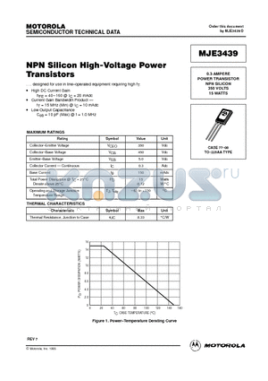MJE3439 datasheet - 0.3 AMPERE POWER TRANSISTOR NPN SILICON 350 VOLTS 15 WATTS