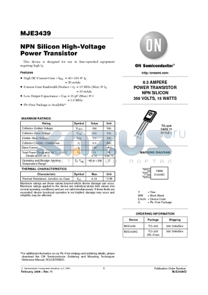 MJE3439 datasheet - NPN Silicon High−Voltage Power Transistor