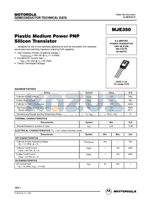 MJE350 datasheet - 0.5 AMPERE POWER TRANSISTOR PNP SILICON 300 VOLTS 20 WATTS