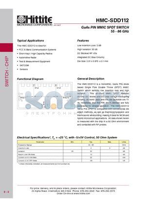 HMC-SDD112 datasheet - GaAs PIN MMIC SPDT SWITCH 55 - 86 GHz