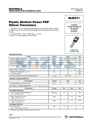 MJE371 datasheet - 4 AMPERE POWER TRANSISTOR PNP SILICON 40 VOLTS 40 WATTS