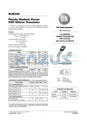MJE350 datasheet - Plastic Medium Power PNP Silicon Transistor