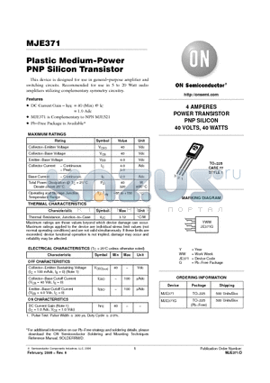 MJE371 datasheet - Plastic Medium−Power PNP Silicon Transistor