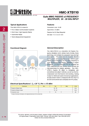 HMC-XTB110 datasheet - GaAs MMIC PASSIVE x3 FREQUENCY MULTIPLIER, 24 - 30 GHz INPUT