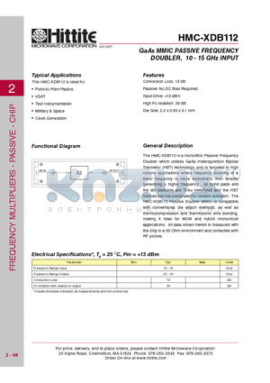 HMC-XDB112 datasheet - GaAs MMIC PASSIVE FREQUENCY DOUBLER, 10 - 15 GHz INPUT