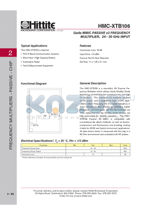 HMC-XTB106_07 datasheet - GaAs MMIC PASSIVE x3 FREQUENCY MULTIPLIER, 24 - 30 GHz INPUT