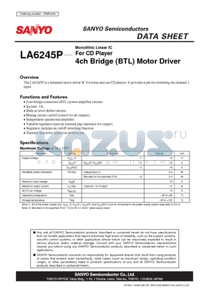 LA6245P datasheet - Monolithic Linear IC For CD Player 4ch Bridge (BTL) Motor Driver