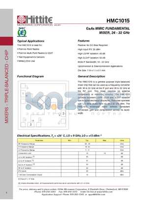 HMC1015 datasheet - GaAs MMIC Fundam ental Mixer, 26 - 32 GHz