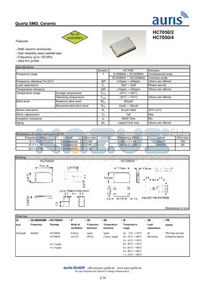 HC7050/2 datasheet - Quartz SMD, Ceramic