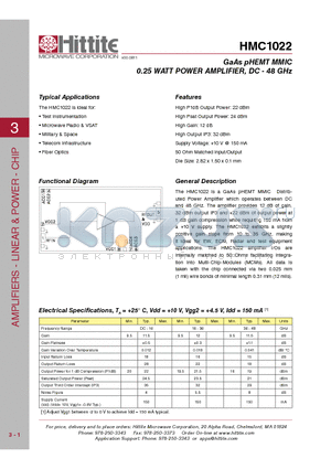 HMC1022 datasheet - GaAs pHEMT MMIC 0.25 WATT POWER AMPLIFIER, DC - 48 GHz