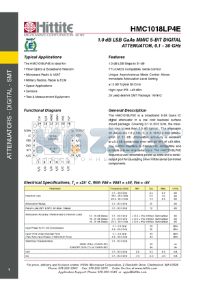 HMC1018LP4E datasheet - 1.0 dB LSB GaAs MMIC 5-BIT DIGITAL