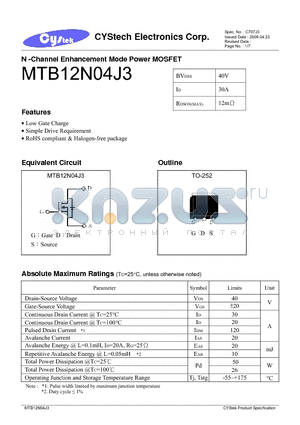 MTB12N04J3 datasheet - N -Channel Enhancement Mode Power MOSFET