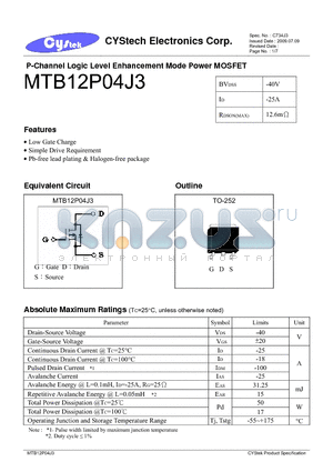 MTB12P04J3 datasheet - P-Channel Logic Level Enhancement Mode Power MOSFET