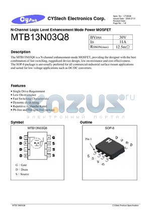 MTB13N03Q8 datasheet - N-Channel Logic Level Enhancement Mode Power MOSFET