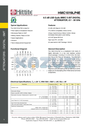 HMC1019LP4E datasheet - 0.5 dB LSB GaAs MMIC 5-BIT DIGITAL