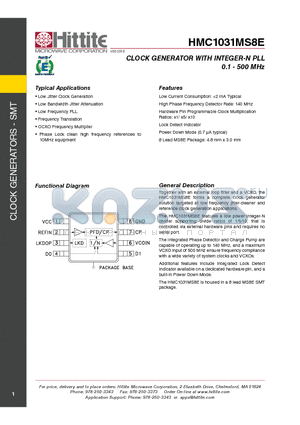 HMC1031MS8E datasheet - CLOCK GENERATOR WITH INTEGER-N PLL