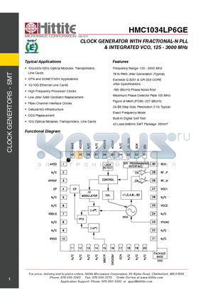 HMC1034LP6GE datasheet - Clock Generator with Fractional-N PLL