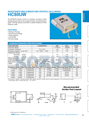 HC80UW datasheet - RESISTANCE WELD MINIATURE CRYSTAL (GULLWING)