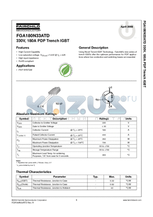 FGA180N33ATD datasheet - 330V, 180A PDP Trench IGBT