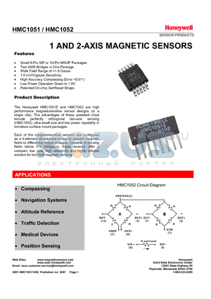 HMC1052 datasheet - 1 AND 2-AXIS MAGNETIC SENSORS